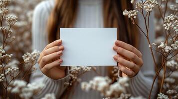 AI generated Female hands holding a white business card with copy space on a wooden table. photo