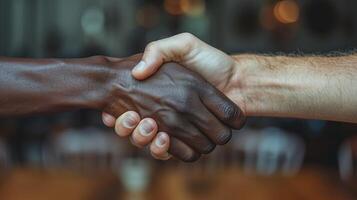 AI generated Closeup photo of two hands arms handshake different race multinational friends antiracism issue help together world globe partners relationship immigration