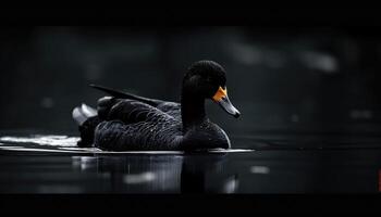 ai generado negro fondo de pantalla. negro Pato nadando en un oscuro agua superficie con reflexión en el agua foto