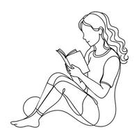 Reading girl Continuous line art drawing. vector