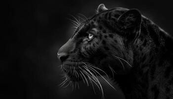 ai generado negro fondo de pantalla. negro leopardo retrato en un negro antecedentes. de cerca. foto