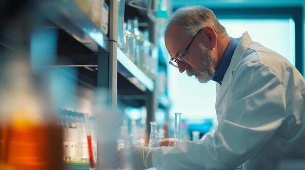 AI generated A scientist in a laboratory experimenting and discovering new breakthroughs. photo