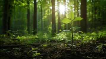 AI generated Young sapling in lush forest with towering trees symbolizing growth and maturity photo