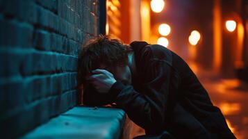 AI generated Man in pain leaning on railing in dark alleyway, holding medicine bottle photo