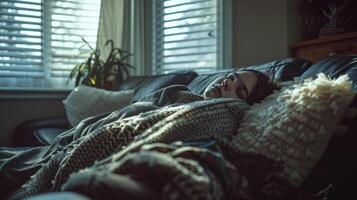 AI generated A woman resting on the couch with a sickly face and cozy blankets in a softly lit room photo