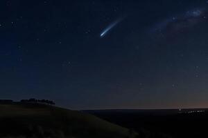 ai generado un cometa, un asteroide, un meteorito caídas a el suelo en contra un estrellado cielo. neural red ai generado foto