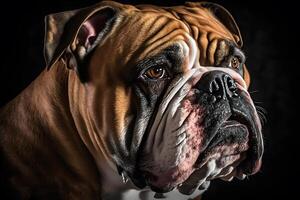 AI generated Portrait of an old english bulldog on a black background. Neural network AI generated photo