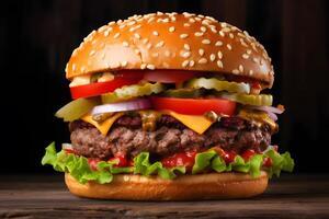 AI generated Craft beef burger and french fries on wooden table isolated on black background. Neural network AI generated photo