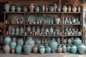 AI generated Potter's studio with shelves adorned with beautifully glazed ceramic creations, reflecting the diverse outcomes of handmade pottery photo