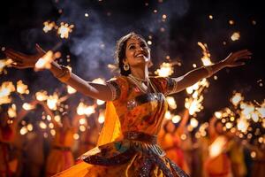 ai generado jubiloso y animado danza actuaciones ese a menudo tomar sitio durante diwali celebraciones en India foto