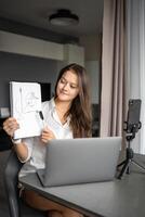 A young woman blogger conducts an educational broadcast on a laptop in social network in home workplace, online teaching concept photo