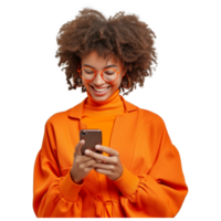 AI generated Isolated shot of positive smiling woman holds modern cellular, enjoys wireless internet png