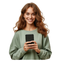 AI generated Portrait of a smiling casual woman holding smartphone png