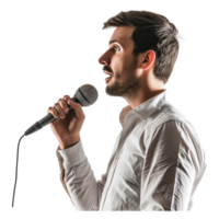 AI generated Confident man public speaking talking with microphone in studio. png