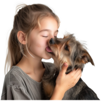 AI generated Heart-warming photo of a little crossbreed dog in the arms of a beautiful young girl, licking her face png