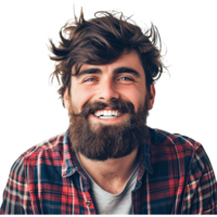 ai generato ritratto di giovane bello fricchettone uomo con barba sorridente ridendo guardare a telecamera png