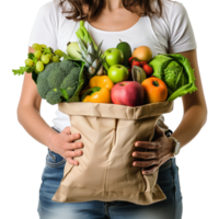 ai generiert Frau halten ein Tasche voll von gesund Essen png