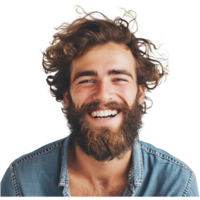 ai generado retrato de joven hermoso hipster hombre con barba sonriente riendo mirando a cámara png