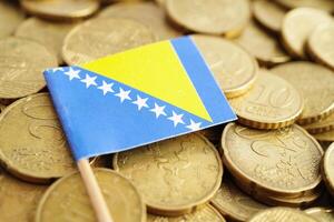 Bosnia flag on coins background, finance and accounting, banking concept. photo