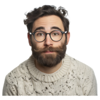 ai generiert jung Mann mit Bart tragen beiläufig Sweatshirt und Brille mit glücklich Gesicht png