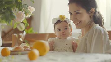 ai generado un madre y su pequeño hija son sentado a un mesa, mirando contento. foto