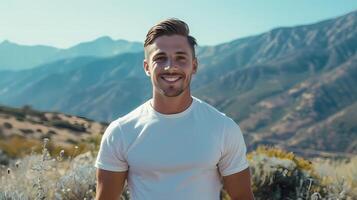 AI generated Male model with bright smile standing outdoors on a summer day. He wore a clean white t-shirt. And there are mountains in the background. photo