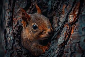 AI generated Red squirrel looking out of a tree in the forest photo