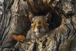 AI generated Red squirrel looking out of a tree in the forest photo