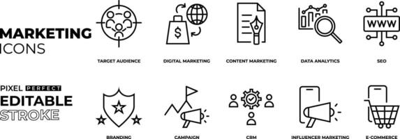 digital marketing, objetivo audiencia, contenido marketing, datos analítica, , SEO, campaña, crm, hombre de influencia márketing y comercio electrónico icono colección con editable carrera vector