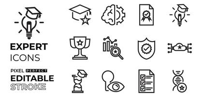 business expert icons set with knowledge, brain, talent, ideas, winner, analytics, secured, process, protect, time management with editable stroke vector