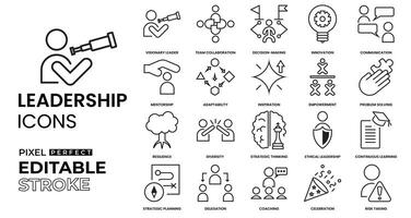 leadership, team collaboration, decision making, innovation, communication, mentorship, adaptability, inspiration, empowerment, problem solving, Resilience, diversity icon set with editable stroke vector