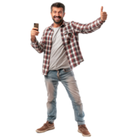 AI generated Full length portrait of a smiling casual man taking selfie and showing thumbs up gesture png