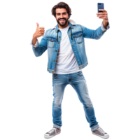 AI generated Full length portrait of a smiling casual man taking selfie and showing thumbs up gesture png