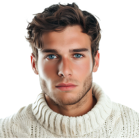 ai generado joven hermoso hombre con azul ojos vistiendo casual suéter png