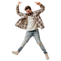 AI generated Full length photo of cool excited guy look empty space discounts dance png