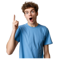 AI generated Young surprised man in blue t-shirt pointing right with his finger, shouting WOW png