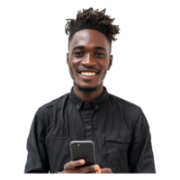 ai gegenereerd jong gelukkig Afrikaanse Mens met mobiele telefoon png