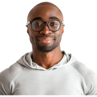 ai generado retrato de sonriente africano americano hombre en lentes y ropa de deporte png