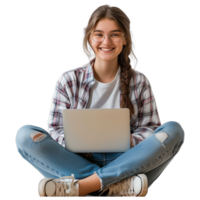 ai generado retrato de un sonriente joven mujer sentado con piernas cruzado, utilizando ordenador portátil computadora png