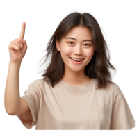 AI generated Happy Asian woman is smiling and pointing finger to copy space png