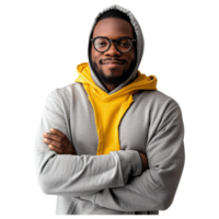 AI generated Happy black male in eyewear and hoodie stand with arms crossed look at camera png