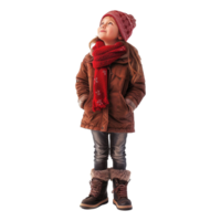 AI generated Full length portrait of a smiling young girl dressed in winter clothes standing on her tiptoes and looking away png