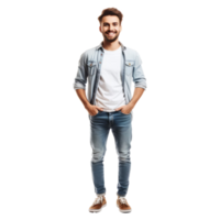 ai generado lleno Talla de cuerpo foto de encantador alegre positivo joven hombre sostener manos bolsillos png