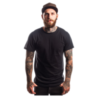 AI generated Bearded man in casual black t-shirt and cap look camera. People lifestyle concept png