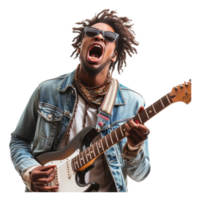 ai generado loco frio hipster africano americano chico fingiendo jugando guitarra teniendo divertido png