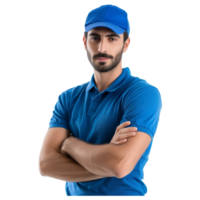 ai generado profesional entrega chico empleado hombre usa azul gorra camiseta uniforme trabajo vestir trabajo como comerciante mensajero png