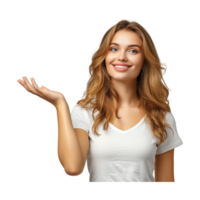 AI generated Portrait of cheerful beautiful young woman showing copyspace or something png