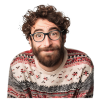 ai generiert jung gut aussehend Mann mit Bart tragen beiläufig Sweatshirt und Brille Finger zu Kamera mit glücklich und komisch Gesicht png