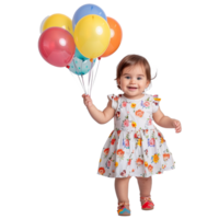 AI generated Advertising photography with cute adorable gorgeous baby girl in summer dress holding colorful balloons png