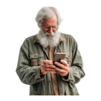 AI generated Older happy bearded stylish hipster man holding cell phone communicating online png